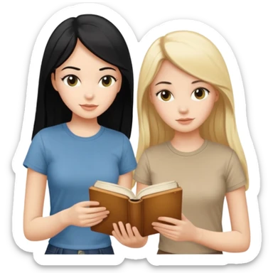 beautiful white girl with black hair in beige t-shirt and beautiful blonde girl with long hair in beige t-shirt reading beautiful vintage book sticker