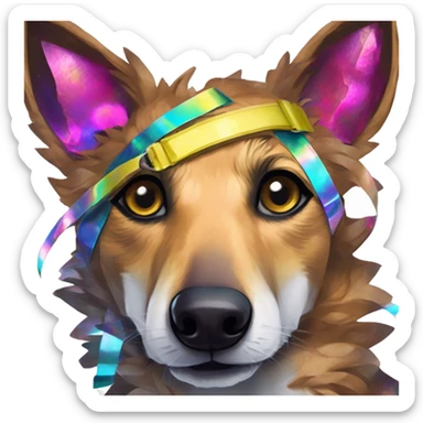  brindle brown black maroon gold lurcher Alsatian fox running blue eyes and iridescent holographic oilslick harness wearing paper iridescent tropical flower crown yellow caution tape sticker