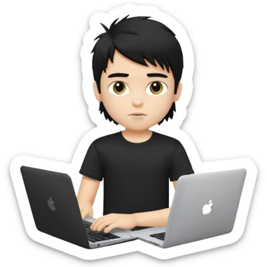 generate a pretty fair bratz boy with a messy mullet (black hair), wearing a black tshirt. Using his laptop sticker