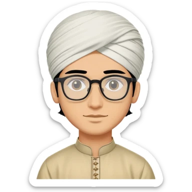 young man with wheatish skin tone, black hair, wearing kurta with rectangle glasses and traditional turban sticker