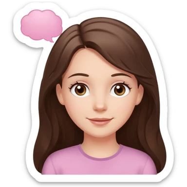 happy white long brunette hair girl with hazel eyes in light pink with a thought bubble sticker