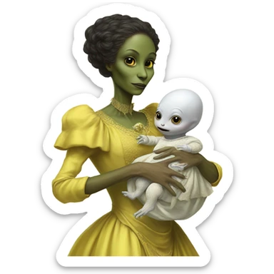  Reptilian alien woman , full body, in victorian jellow elegant dress , holds a newborn white humman baby sticker