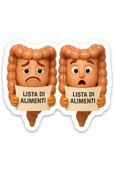 EMOJI STILE IPHONE DI UN INTESTINO CHE LEGGE UN FOGLIO CON LA SCRITTA "lista di alimenti" ed espressione triste in volto, ESPRESSIONE STUPITA IN VOLTO, IPERREALISTICO 4K sticker