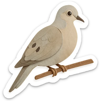 mourning dove on a branch, layered paper details, pale gray and tan plumage, delicate pose, expressive eye sticker