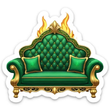 regal emerald green sofa with gold trim, Slytherin common room, elaborate fireplace, fancy gothic decor sticker