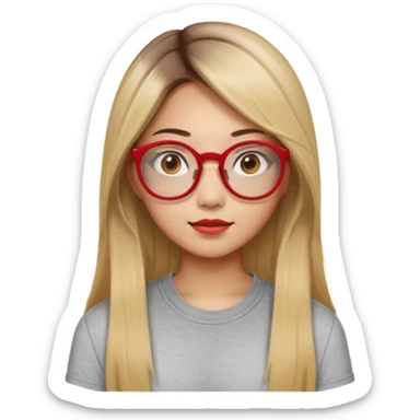 20 yr old asian woman, straight thick long brown hair, blond at ends of hair, center part to hair, big red glasses, brown eyes, casual shirt sticker