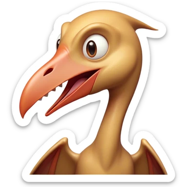 Cinematic Comical Pterodactyl Portrait Emoji, Head tilted dramatically with an exaggeratedly shocked expression, featuring a sleek, streamlined body with a quirky, animated beak and wide, comically expressive eyes full of playful disbelief, Simplified yet hilariously expressive features, highly detailed, glowing with a slightly sassy ethereal glow, high shine, dramatic yet playful, stylized with an air of cheeky prehistoric mischief, soft glowing outline, capturing the essence of a meme-worthy Pterodactyl that looks ready to side-eye its way into viral fame! sticker