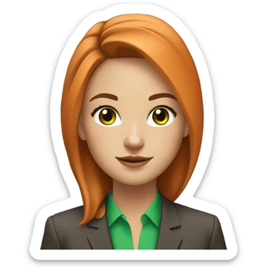 the portrait of young woman with bright green eyes, fair light skin and brown hair in orange business suit sticker