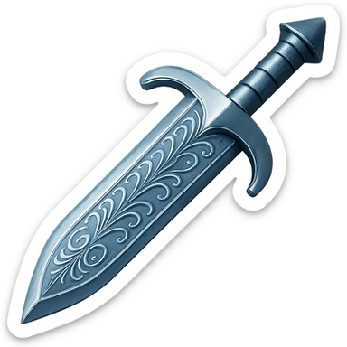 Recolor this weapon to match the blueish-gray steel color and ornate engravings of the reference helmet. Emphasize the cool metallic finish and detailed engravings, matching the helmet exactly. Transparent background. The style should reflect a cool metallic look with detailed engravings as seen in the helmet reference. sticker