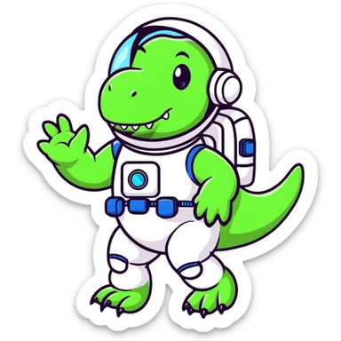 cartoon sticker of a t-rex astronaut waving, stars in background sticker