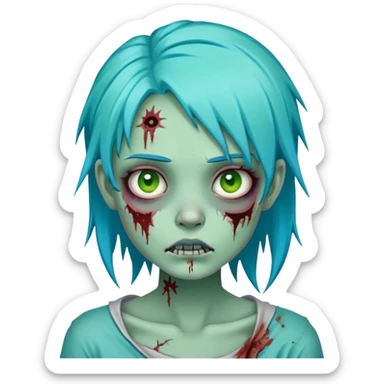 zombie girl with turquoise blue hair, pale green skin, stitches on face, cartoonish undead appearance sticker