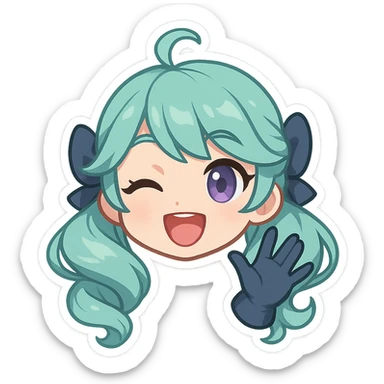 chibi style Gwen from League of Legends, only head, right eye purple, one hand waving with glove, big smile, energetic pose, green hair sticker