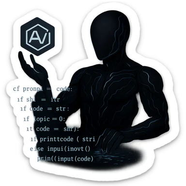 Change the AI suit to a much darker color, keeping the glowing circuits and floating cube logo, with one hand typing in mid-air, building prompts from code and logic. Keep the background transparent. The style should maintain the original look and feel of the image. sticker