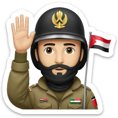 surrenders, depicts an Iraqi soldier from 1980, with a beard, in a helmet, a helmet with sign flag Iraq, with a balaclava, with sad eyes and both hands raised up sticker