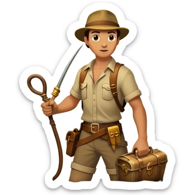 Icon for Adventure Movie: A vintage movie poster-style collage with an adventurous explorer holding a whip, a treasure map, ancient ruins, and traps. Include jungle vines, mysterious artifacts, and a daring escape scene. Retro cinematic vibe. Transparent background. sticker