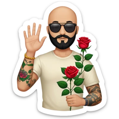  Bald man with sunglasses black beard raising hand with only one colorful roses tattoo on forearm  sticker