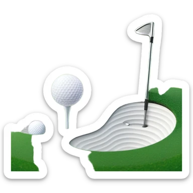A golf ball on a tee with a golf club placed beside it, set against the backdrop of a well-manicured green golf course. The scene emphasizes the equipment and serene atmosphere of the sport, with soft lighting and a peaceful, open landscape sticker