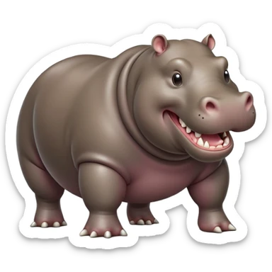 cinematic-hippo-realistic-full-body-side-view-standing-on-all-fours-emoji,-massive-round-frame,-wide-mouthed-grin-exposing-huge-teeth,-head-tilted-dramatically,-thick-greyish-brown-hide-glossy sticker