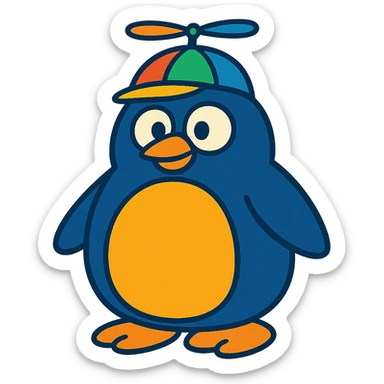 chubby penguin with a spinning propellor hat, vibrant toon style sticker