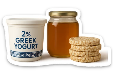 Yogurt Greco 2%
Miele (senza il cucchiaio di legno)
Gallette di Riso
vista frontale, iperrealistico 4k sticker