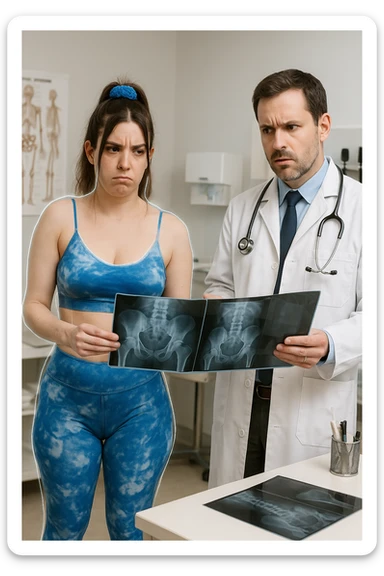 a person sits in a doctor’s office, holding medical imaging results (like X-rays or MRI scans) that appear normal. However, a subtle shadow or ghosted outline around their body reveals postural asymmetries—such as uneven shoulders or hips—that are not visible in the scans. The doctor looks puzzled, while the patient appears frustrated. sticker