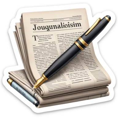Create an emoji representing journalism and publicistic writing. The design should feature an open newspaper or a stack of articles with visible text columns, symbolizing opinion pieces and analysis. A classic fountain pen or ballpoint pen should be placed near the papers, indicating the act of writing. Optionally, include a small microphone or a press badge to emphasize investigative and journalistic aspects. Use neutral and professional colors like black, white, and muted blue or red. Do not include any emojis or smiley faces. Make the background transparent. sticker
