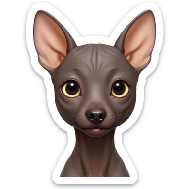 Cinematic Cute Xoloitzcuintle Portrait Emoji, Head tilted playfully and inquisitively, featuring smooth, hairless ebony skin with distinctive, artistic wrinkles, round, sparkling dark eyes filled with curiosity, Simplified yet irresistibly adorable features, highly detailed, glowing with a warm, friendly glow, high shine, affectionate and spirited, stylized with a touch of whimsy, bright and endearing, soft glowing outline, capturing the essence of a mischievous yet loving companion, so playful it feels like it could trot out of the screen and into your arms! sticker