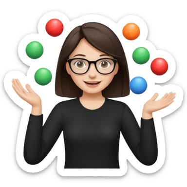 a brunette girl in a black shirt wearing glasses is  juggling  with two hands and smiling  sticker