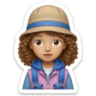 A little girl student curly brown hair, with jean bucket hat, beige jacket, blue backpack sticker