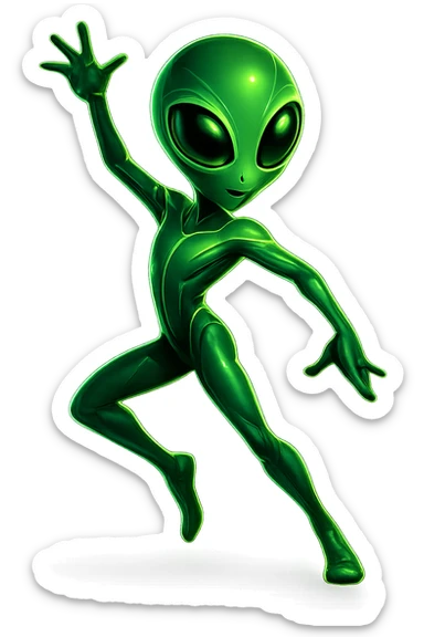 Edit the image of a dancing alien in neon green with large eyes in a futuristic style. Create a new pose. The image should be PNG with a transparent background, highlighting the large eyes and futuristic neon green look. sticker