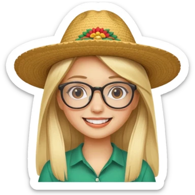blonde girl with straight hair and glasses with a Mexican hat  sticker
