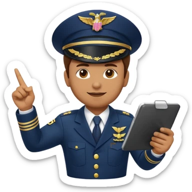 Slack-style emoji of a pilot wearing a navy captain hat with gold wings, pointing at a tablet or checklist with one hand, other hand ready or slightly raised, confident and attentive expression sticker