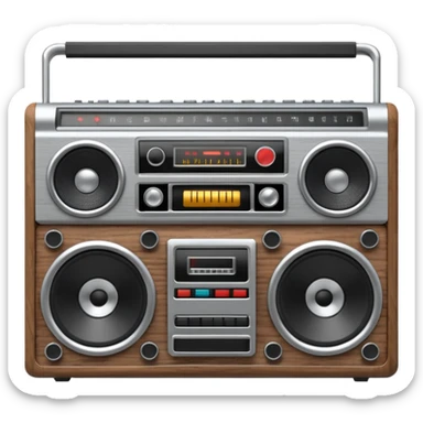 3D render of Boombox, vintage 1980s audio equipment aesthetic, tactile analog buttons, silver chrome body with black speakers, mixed wood grain and brushed aluminum textures, Apple emoji style, isolated on white background --v 6.0 sticker