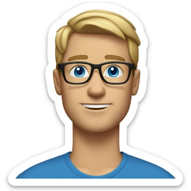 white guy with no beard, dark blond hair brad pit style square glasses blue eyes in laptop wearing blue t-shirt sticker
