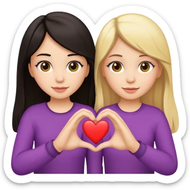 two girls making a heart with their hands, one with dark hair and one with blonde hair, best friends, emoji style sticker