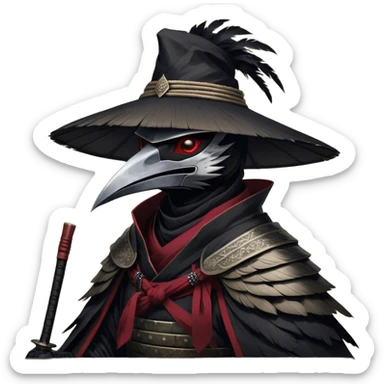 A fierce Kenku samurai with sleek black feathers, piercing crimson eyes glowing under the shadow of his straw hat. His sharp beak is partially covered by a black cloth mask, adding to his air of mystery. He wears layered black and crimson armor, intricate silver engravings etched into the metal plates. A long, tattered cloak billows behind him, worn from countless battles. His clawed hands grip the hilt of a curved katana, its polished blade reflecting the moonlight. Wisps of mist swirl around his taloned feet as he stands motionless sticker