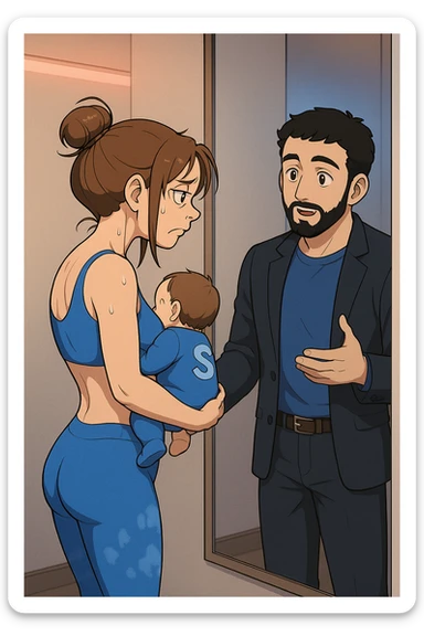 ispirati a questo stile di disegno e fai questa immagine in versione manga/webtoon a colori, il manga mostra la donna che si guarda alla specchio preoccupata di profilo con la postura sbagliata e incurvata, spalle chiuse e curve in avanti, con un neonato in braccio con una tutina azzurra e la scritta "S" blu sulla schiena, spina dorsale storta della donna in evidenza mentre al suo fianco anche l'uomo guarda la donna riflessa nello specchio e le spiega una cosa, ma non fare i fumetti, fai come se stessero parlando sticker