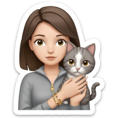 a white girl with brunette hair in brain that is over her shoulder. shes holding a grey cat. the girl has long lashes and has on a grey zip up that is half way zipped  and under a white shirt and gold jewelry that is gold bracelets. sticker