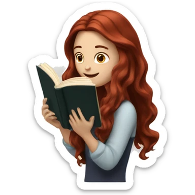 White girl with long loose wavy dark red hair reading a book sticker
