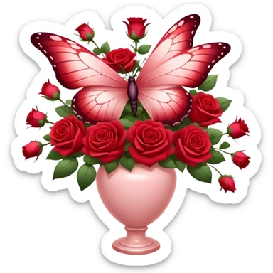 Ethereal butterfly with Crimson and Burgundy wings resting on a Scarlet bouquet of Roses in a Soft Blush color vase, surrounded by a dreamy red-hued ambiance. sticker
