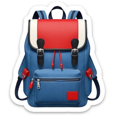 Minimalist emoji-style icon of a stylish blue denim backpack with a flap top, two vertical black buckle straps, a large red-white-navy horizontal block in the center, and two zipper side pockets. Inspired by Tommy Jeans design. Front view, cartoon-like, clean design.

 sticker