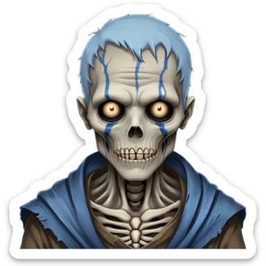 Cinematic Realistic WoW undead civilian Portrait, depicted with decayed yet noble features, his weathered, pallid skin etched with ghostly blue veins and ancient scars. Clad in modest, tattered attire in muted browns and greys that remain consistently rugged, his hollow eyes burn with determined defiance. Rendered with lifelike texture and dramatic natural lighting, high shine, noble and resilient, capturing the stoic spirit of an undead veteran of Azeroth. sticker