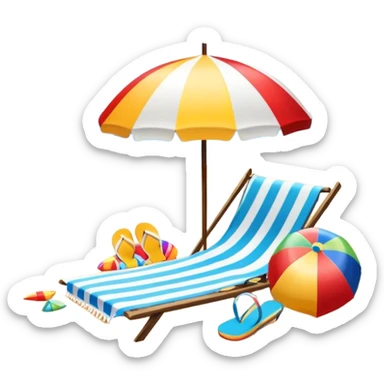 Icon for Beach Tourism: a sandy beach with a beach umbrella, with the ocean landscape in the background, flip-flops, a towel and a beach ball. The icon should capture the relaxation and fun of beach vacations. Transparent background. sticker