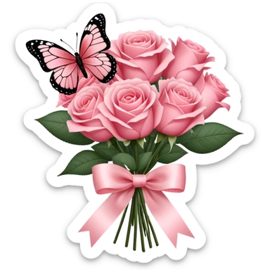 "A bouquet of Blush Red roses tied with a flowing Rose Quartz silk ribbon, exuding soft elegance. A delicate Carnation Pink butterfly rests gently on the petals, adding a whimsical touch." sticker