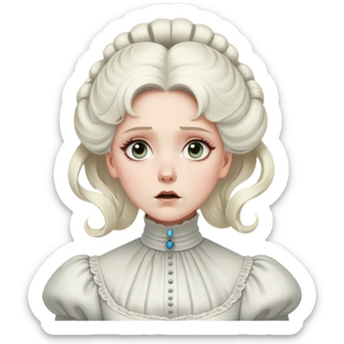 Awestruck Victorian-era white woman with white coiffed hair, light eyes, wearing a simple turtleneck Victorian gown, with a dropped jaw in shock sticker
