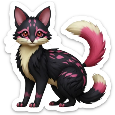 Hyper realistic  void-black fur haunted by crimson neon pulse-lines like living circuitry beautiful elegant pretty precious cute  Fakémon-Pokémon-opossum-feline-serval-caracal-chinchilla-Furret-Minccino-hybrid-creature with a big fluffy bushy tail (full body) sticker