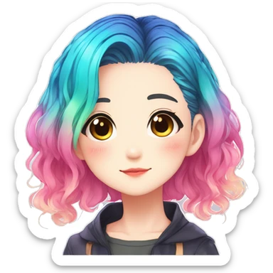 Gorgeous anime style shojo character with blushing face aesthetic and pretty colorful shiny gradient neon hair with hair garment trending style sticker