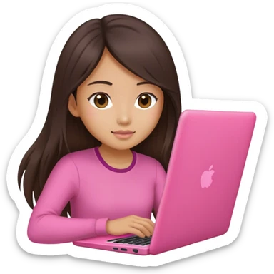 Long hair Brunette Asian girl working pink laptop sticker