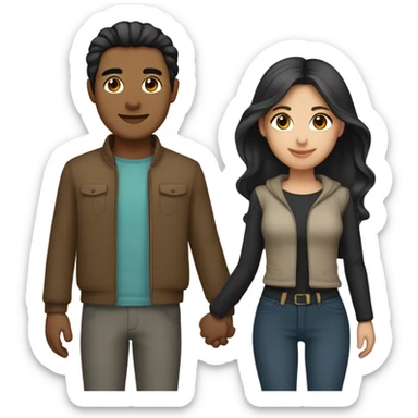 a couple holding hands. the guy has black middle part hair and is Persian and Filipino mix, wearing a jacket. the girl has brown hair white and asian mix, wearing a crop top. sticker