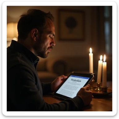 hyperrealistic 4K scene of a man blowing out candles and looking thoughtfully at a tablet showing an article titled 'Metabolism after 30 years', home environment sticker